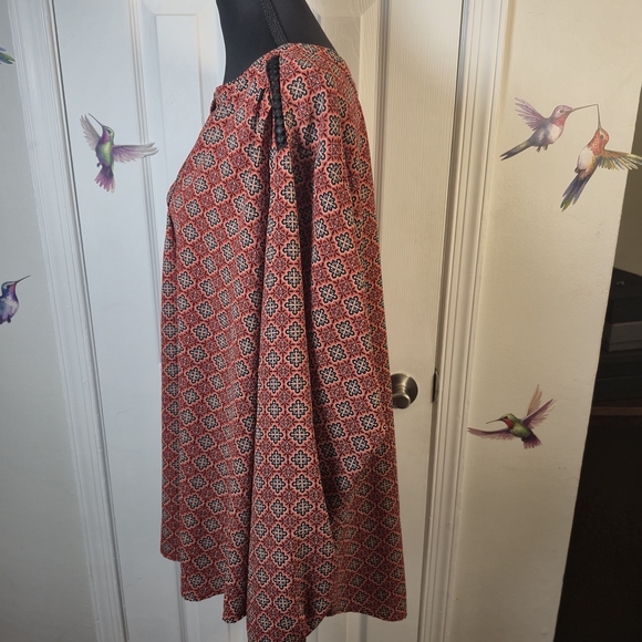 Liz Claiborne 3X Coral Black Geometric Tunic Top Roll Tab Sleeve Boho - Picture 4 of 7